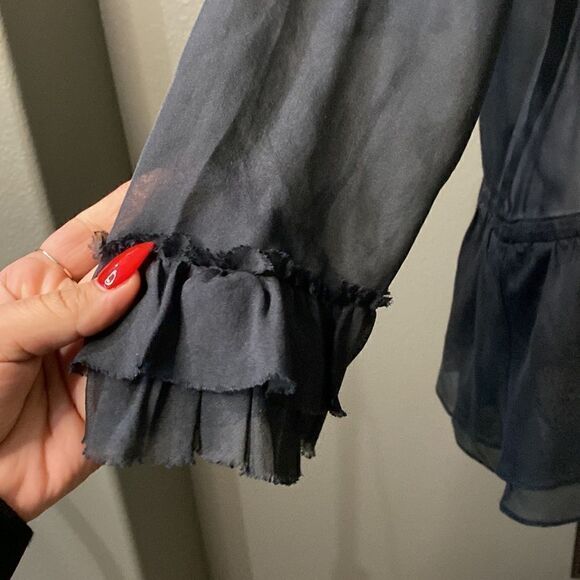 Rebecca Taylor Black Sheer Button Down Ruffle Blouse Long Sleeve - Picture 5 of 12